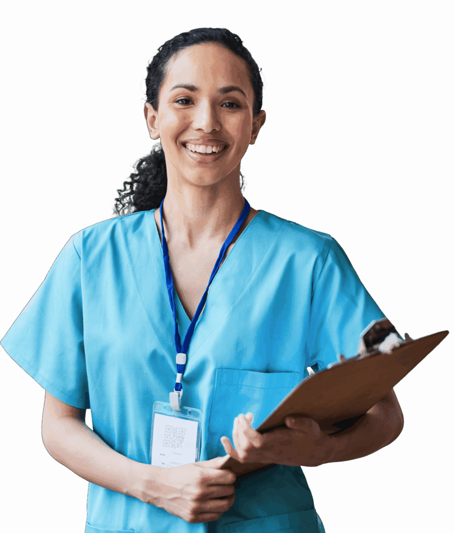 Smiling nurse holding a clipboard, isolated background.